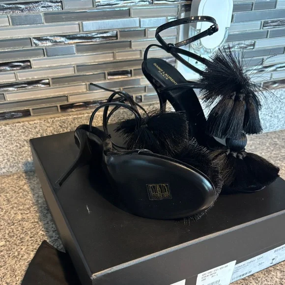 YSL Vernice Chiffon Tassel Embellished Pierre Pon Pon 110 Sandals - Picture 9 of 10